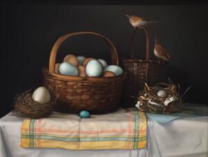 EGGS, NESTS AND WRENS   |  18 x 24  |  Oil on Linen  | $5400