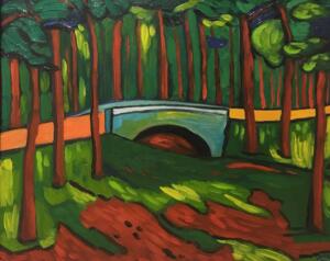BRIDGE IN FOREST   |  Oil on canvas    |  20 x 24    |  24.5 x 28.5 Framed    |  $2300