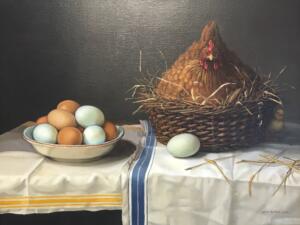 CHICKEN AND EGGS  |  Oil on linen  |  16 x 21  |  21 x 26 Framed  |  $4300