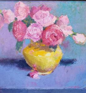 ROSES IN YELLOW VASE  |  Oil on board  |  18 x 18  |  21 x 21 Framed  |  $1400