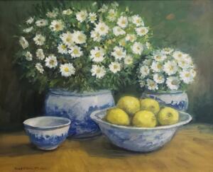 Daisies  Lemons  |  Oil on canvas  |  16 x 20  | 22 x 26 Framed  |  $1700