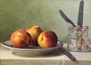 PEACHES KNIFE AND FORK  |  Oil on linen on panel  |  9.5 x 13.25  |  15 x 18.5 Framed  |  $2800