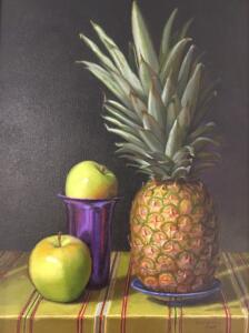 TWO APPLES AND PINEAPPLE  |  Oil on linen  |  16 x 12  |  21.5 x 17.5 Framed  |  $3300
